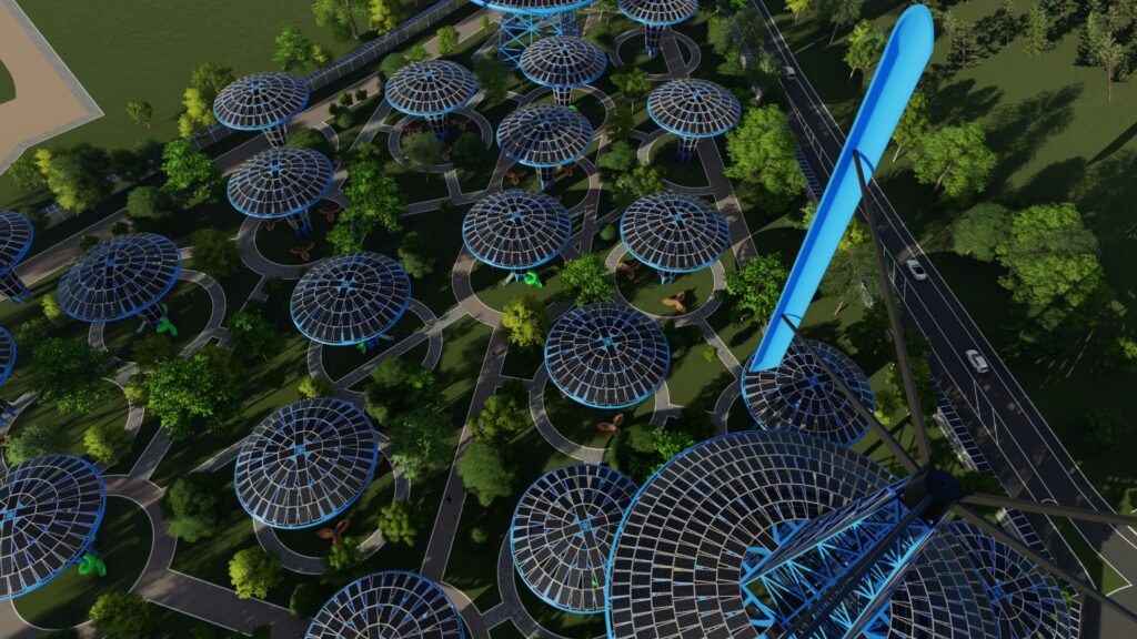 Naturnahe Parkgestaltung im HydSun Demokratiepark: Aufenthaltsbereiche unter Solarbäumen mit geplanter digitaler Sensortechnologie für interaktive Besuchererlebnisse