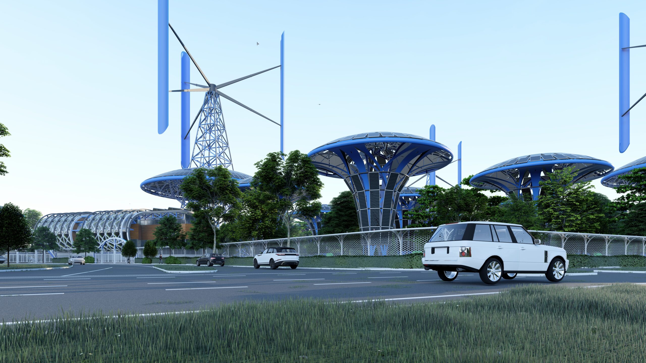 HydSun Zukunftsvision – dezentrale erneuerbare Energien Infrastruktur mit Solarbäumen und grüner Wasserstoffproduktion