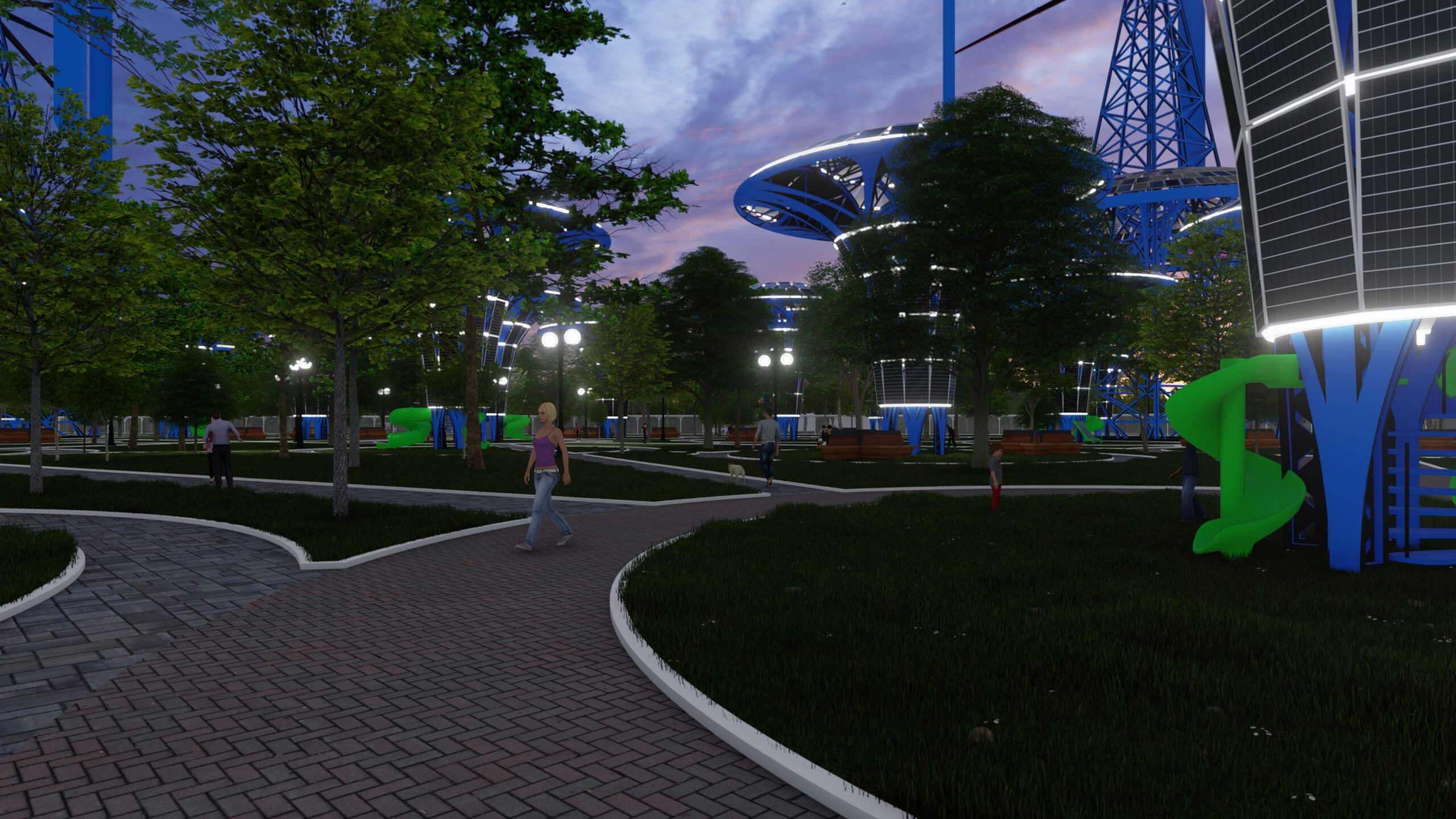 HydSun Bürger-Energiepark – erneuerbare Energien Parkanlage mit Solarbäumen, Grünflächen und Erholungszonen